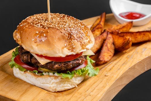 Mouthwatering gourmet burger with fresh ingredients and crispy fries on a wooden platter.